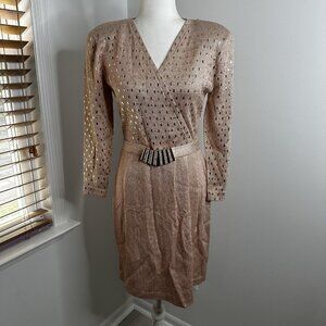 Vtg St John Dress Sz S/M Gold Metallic Santana Knit Long Sleeve Belted Faux Wrap